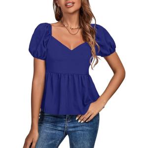 imageLYANER Womens V Neck Ruffle Hem Shirred Back Puff Short Sleeve Peplum Top BlouseRoyal Blue