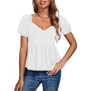 imageLYANER Womens V Neck Ruffle Hem Shirred Back Puff Short Sleeve Peplum Top BlouseWhite