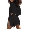 imageLYANER Womens Collar V Neck Blouse Long Sleeve Button Down Split Hem Long Shirt TopBlack