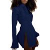 imageLYANER Womens Collar V Neck Blouse Long Sleeve Button Down Split Hem Long Shirt TopNavy Blue