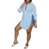imageLYANER Womens Collar V Neck Button Front Long Sleeve Slit Hem Long Shirt Blouse TopLight Blue