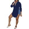 imageLYANER Womens Collar V Neck Button Front Long Sleeve Slit Hem Long Shirt Blouse TopNavy Blue