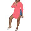 imageLYANER Womens Collar V Neck Button Front Long Sleeve Slit Hem Long Shirt Blouse TopNeon Pink