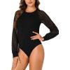 imageLYANER Womens Crew Neck Bodysuit Lace Hollow Out Long Sleeve Slim Fit Stretchy Leotards TopsBlack