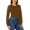 imageLYANER Womens Crew Neck Bodysuit Lace Hollow Out Long Sleeve Slim Fit Stretchy Leotards TopsBrown
