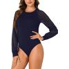 imageLYANER Womens Crew Neck Bodysuit Lace Hollow Out Long Sleeve Slim Fit Stretchy Leotards TopsNavy Blue