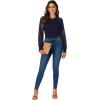 imageLYANER Womens Crew Neck Bodysuit Lace Hollow Out Long Sleeve Slim Fit Stretchy Leotards TopsNavy Blue