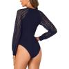 imageLYANER Womens Crew Neck Bodysuit Lace Hollow Out Long Sleeve Slim Fit Stretchy Leotards TopsNavy Blue