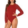 imageLYANER Womens Crew Neck Bodysuit Lace Hollow Out Long Sleeve Slim Fit Stretchy Leotards TopsRed