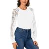 imageLYANER Womens Crew Neck Bodysuit Lace Hollow Out Long Sleeve Slim Fit Stretchy Leotards TopsWhite