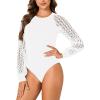 imageLYANER Womens Crew Neck Bodysuit Lace Hollow Out Long Sleeve Slim Fit Stretchy Leotards TopsWhite