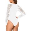 imageLYANER Womens Crew Neck Bodysuit Lace Hollow Out Long Sleeve Slim Fit Stretchy Leotards TopsWhite