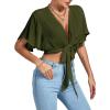 imageLYANER Womens Deep V Neck Tie Front Knot Wrap Ruffle Short Sleeeve Crop Top BlouseArmy Green