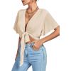imageLYANER Womens Deep V Neck Tie Front Knot Wrap Ruffle Short Sleeeve Crop Top BlouseBeige