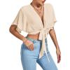 imageLYANER Womens Deep V Neck Tie Front Knot Wrap Ruffle Short Sleeeve Crop Top BlouseBeige