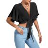 imageLYANER Womens Deep V Neck Tie Front Knot Wrap Ruffle Short Sleeeve Crop Top BlouseBlack