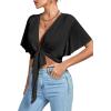 imageLYANER Womens Deep V Neck Tie Front Knot Wrap Ruffle Short Sleeeve Crop Top BlouseBlack