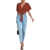 imageLYANER Womens Deep V Neck Tie Front Knot Wrap Ruffle Short Sleeeve Crop Top BlouseBrick Red