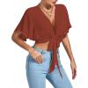 imageLYANER Womens Deep V Neck Tie Front Knot Wrap Ruffle Short Sleeeve Crop Top BlouseBrick Red