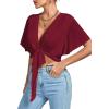 imageLYANER Womens Deep V Neck Tie Front Knot Wrap Ruffle Short Sleeeve Crop Top BlouseBurgundy