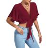imageLYANER Womens Deep V Neck Tie Front Knot Wrap Ruffle Short Sleeeve Crop Top BlouseBurgundy