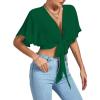 imageLYANER Womens Deep V Neck Tie Front Knot Wrap Ruffle Short Sleeeve Crop Top BlouseDark Green