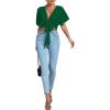 imageLYANER Womens Deep V Neck Tie Front Knot Wrap Ruffle Short Sleeeve Crop Top BlouseDark Green