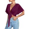 imageLYANER Womens Deep V Neck Tie Front Knot Wrap Ruffle Short Sleeeve Crop Top BlouseDark Purple