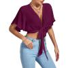 imageLYANER Womens Deep V Neck Tie Front Knot Wrap Ruffle Short Sleeeve Crop Top BlouseDark Purple