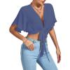 imageLYANER Womens Deep V Neck Tie Front Knot Wrap Ruffle Short Sleeeve Crop Top BlouseDusty Blue