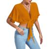 imageLYANER Womens Deep V Neck Tie Front Knot Wrap Ruffle Short Sleeeve Crop Top BlouseGinger