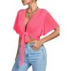 imageLYANER Womens Deep V Neck Tie Front Knot Wrap Ruffle Short Sleeeve Crop Top BlouseHot Pink