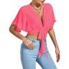 imageLYANER Womens Deep V Neck Tie Front Knot Wrap Ruffle Short Sleeeve Crop Top BlouseHot Pink