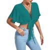 imageLYANER Womens Deep V Neck Tie Front Knot Wrap Ruffle Short Sleeeve Crop Top BlouseLake Blue