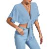 imageLYANER Womens Deep V Neck Tie Front Knot Wrap Ruffle Short Sleeeve Crop Top BlouseLight Blue