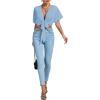 imageLYANER Womens Deep V Neck Tie Front Knot Wrap Ruffle Short Sleeeve Crop Top BlouseLight Blue
