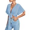 imageLYANER Womens Deep V Neck Tie Front Knot Wrap Ruffle Short Sleeeve Crop Top BlouseLight Blue