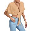 imageLYANER Womens Deep V Neck Tie Front Knot Wrap Ruffle Short Sleeeve Crop Top BlouseLight Khaki