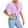 imageLYANER Womens Deep V Neck Tie Front Knot Wrap Ruffle Short Sleeeve Crop Top BlouseLight Purple