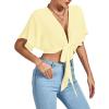imageLYANER Womens Deep V Neck Tie Front Knot Wrap Ruffle Short Sleeeve Crop Top BlouseLight Yellow