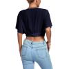 imageLYANER Womens Deep V Neck Tie Front Knot Wrap Ruffle Short Sleeeve Crop Top BlouseNavy Blue