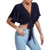 imageLYANER Womens Deep V Neck Tie Front Knot Wrap Ruffle Short Sleeeve Crop Top BlouseNavy Blue