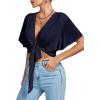 imageLYANER Womens Deep V Neck Tie Front Knot Wrap Ruffle Short Sleeeve Crop Top BlouseNavy Blue