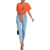imageLYANER Womens Deep V Neck Tie Front Knot Wrap Ruffle Short Sleeeve Crop Top BlouseOrange