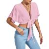 imageLYANER Womens Deep V Neck Tie Front Knot Wrap Ruffle Short Sleeeve Crop Top BlousePink