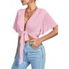 imageLYANER Womens Deep V Neck Tie Front Knot Wrap Ruffle Short Sleeeve Crop Top BlousePink