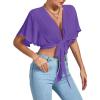 imageLYANER Womens Deep V Neck Tie Front Knot Wrap Ruffle Short Sleeeve Crop Top BlousePurple