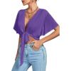 imageLYANER Womens Deep V Neck Tie Front Knot Wrap Ruffle Short Sleeeve Crop Top BlousePurple