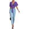 imageLYANER Womens Deep V Neck Tie Front Knot Wrap Ruffle Short Sleeeve Crop Top BlousePurple