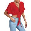 imageLYANER Womens Deep V Neck Tie Front Knot Wrap Ruffle Short Sleeeve Crop Top BlouseRed